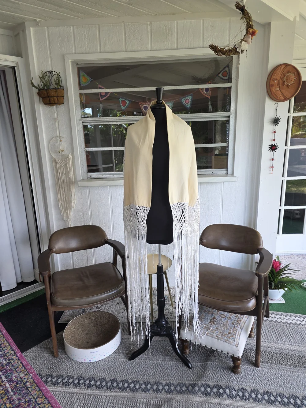 Vintage 70s Dramatic Fringe Wrap Boho Hippie Cream Shawl with White Fringe